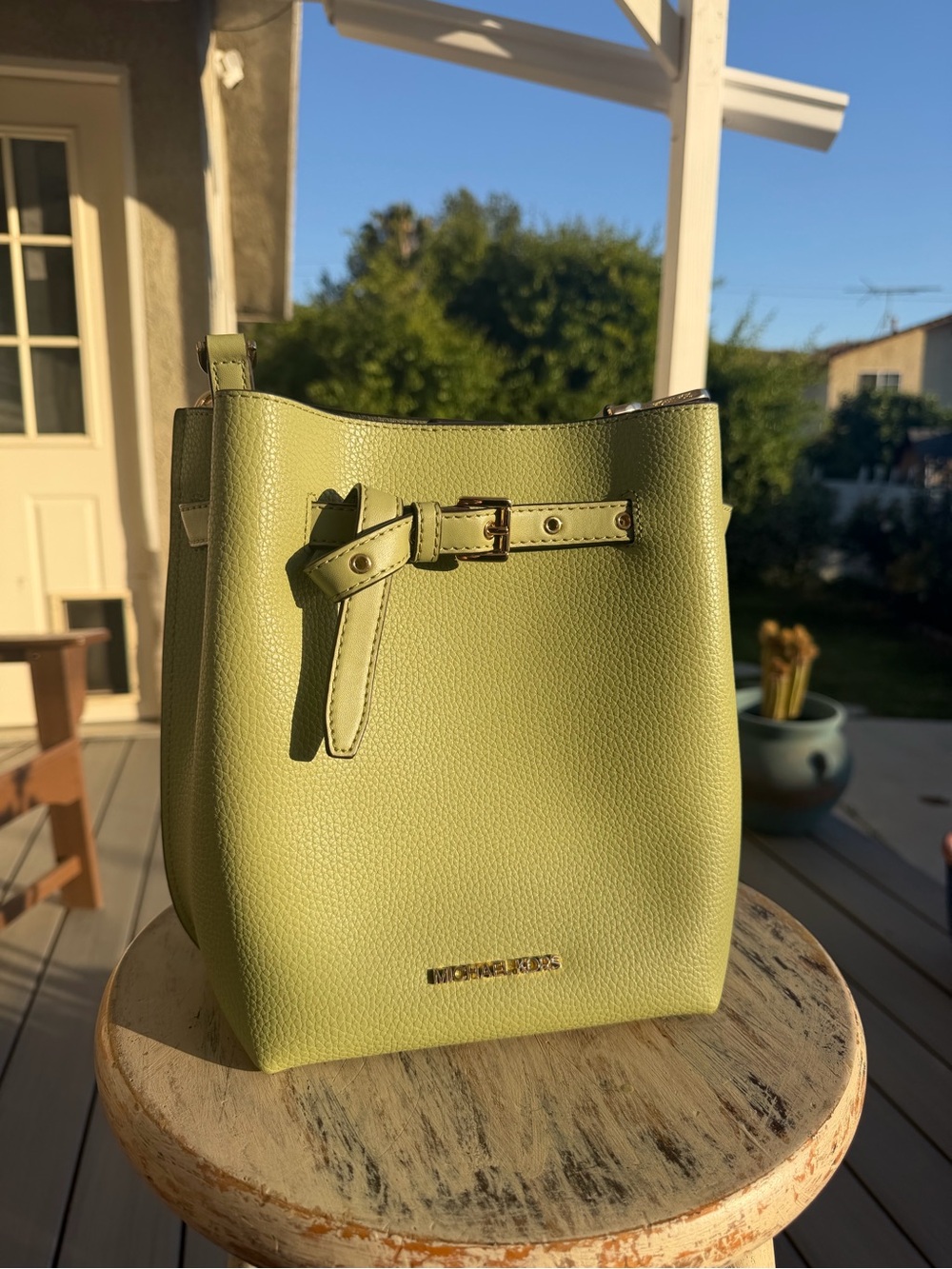 Michael Kors Chartreuse Pebbled Leather Bucket Bag with Gold Hardware